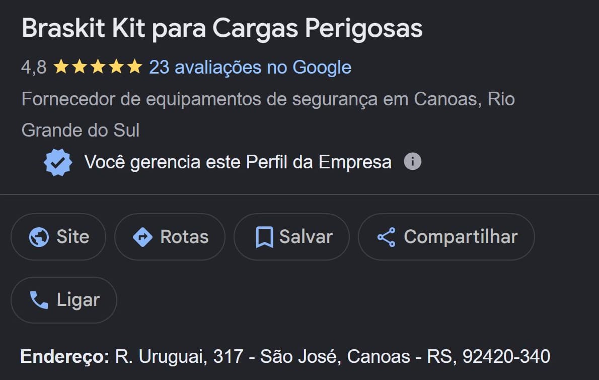 Perfil da Braskit Kit para Cargas Perigosas no Google: nota 4,8 em 23 avaliações, botões de site, rotas e ligação, e o endereço na R. Uruguai, 317, bairro São José, em Canoas