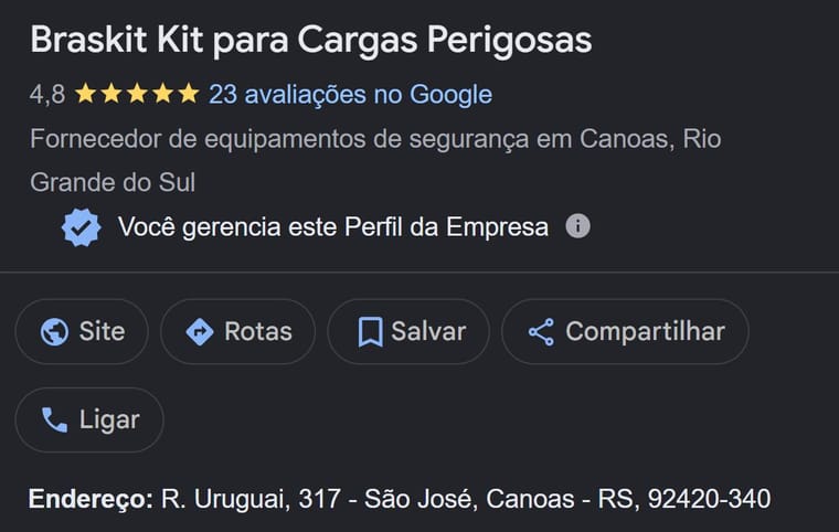 Perfil da Braskit Kit para Cargas Perigosas no Google: nota 4,8 em 23 avaliações e o endereço no bairro São José, em Canoas
